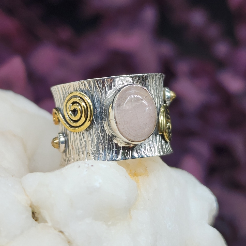 Sterling Silver 925/14k Gold Boho Ring Natural Rose Quartz Love Protect